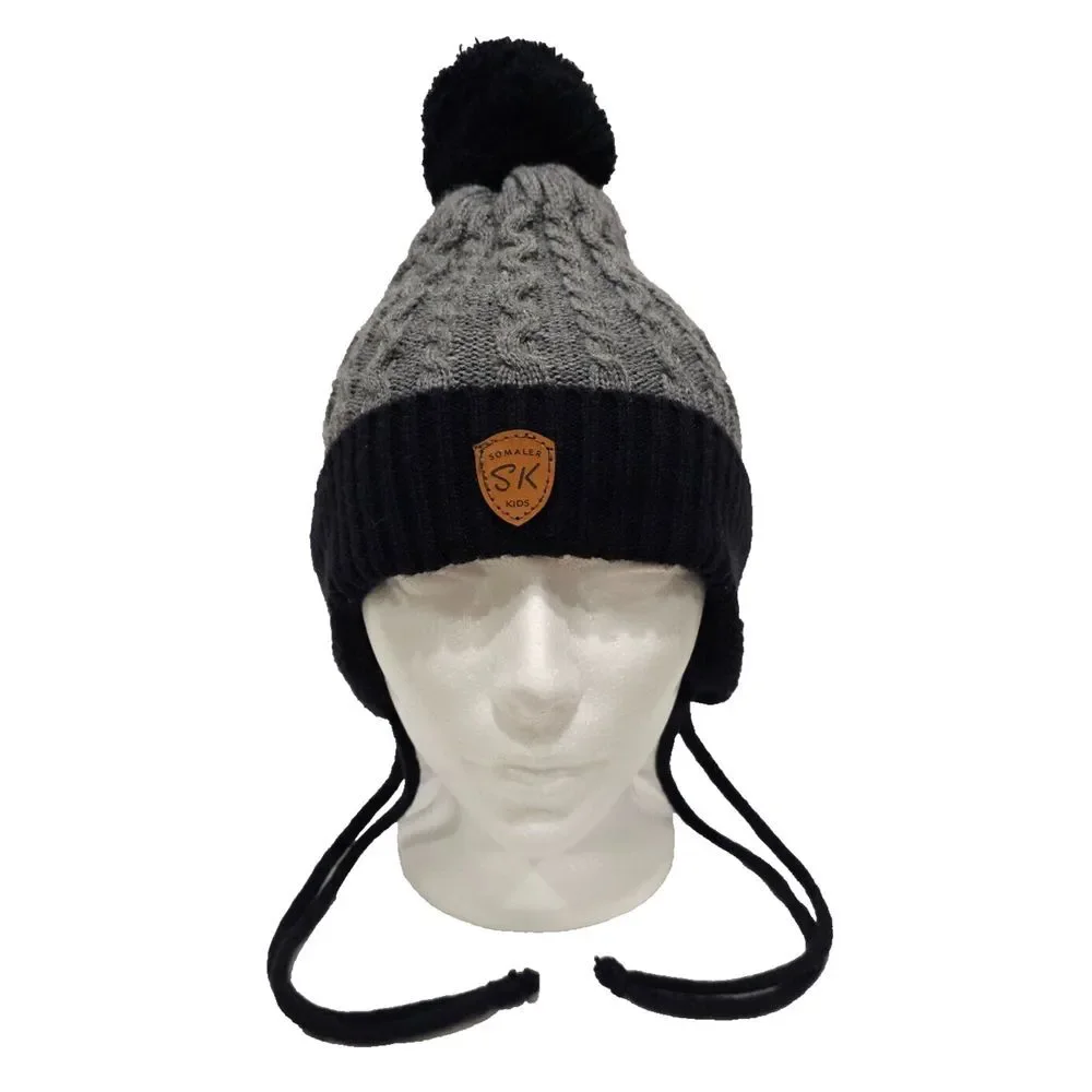 Somaler‎ Kids SK Beanie Toque (Strings & Pom Pom) Gray Black One Size Fits Most